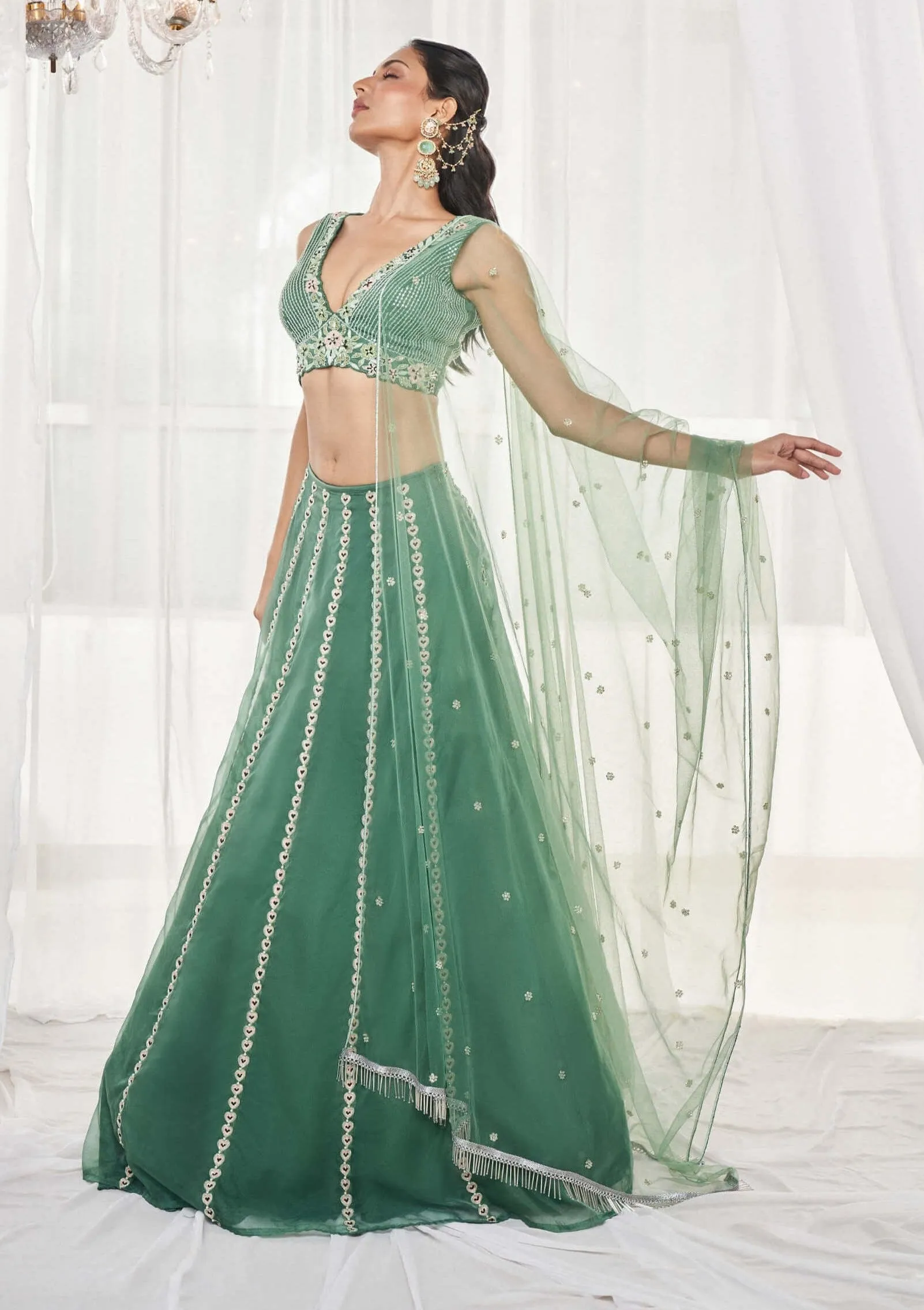 Teal green embroidered lehenga set