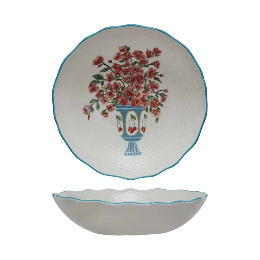 Textured Stoneware Salad Bowl w/ Flowers in Vase