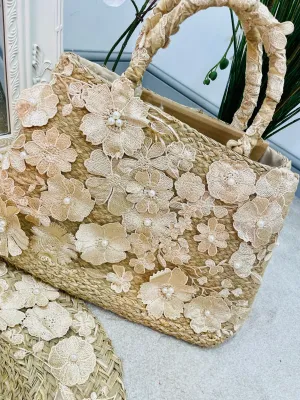 The DAISY luxury beige straw beach bag