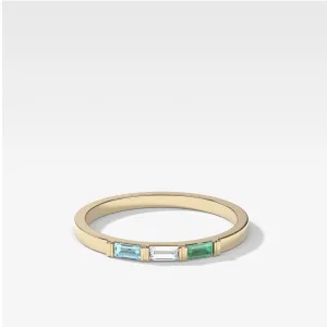 Three Stone Baguette Wedding Band with Green Emerald and Aquamarine Gemstones