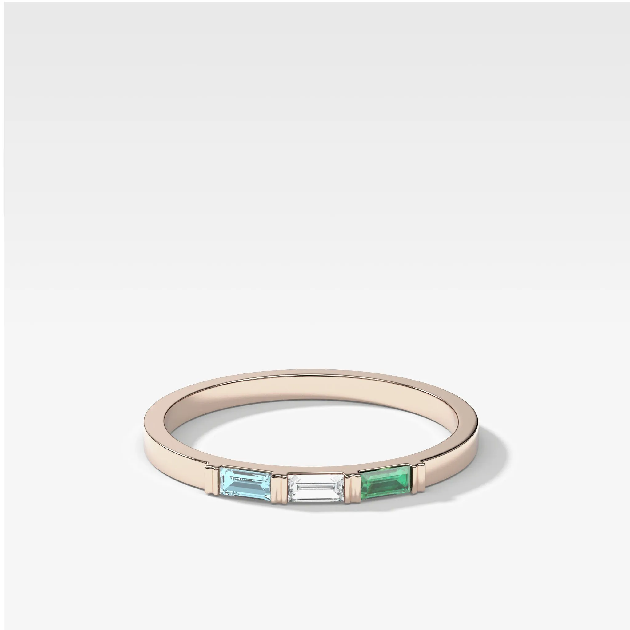 Three Stone Baguette Wedding Band with Green Emerald and Aquamarine Gemstones