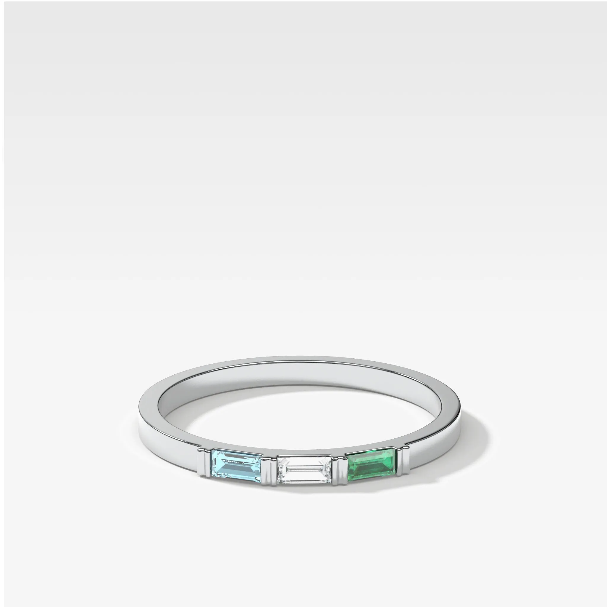 Three Stone Baguette Wedding Band with Green Emerald and Aquamarine Gemstones