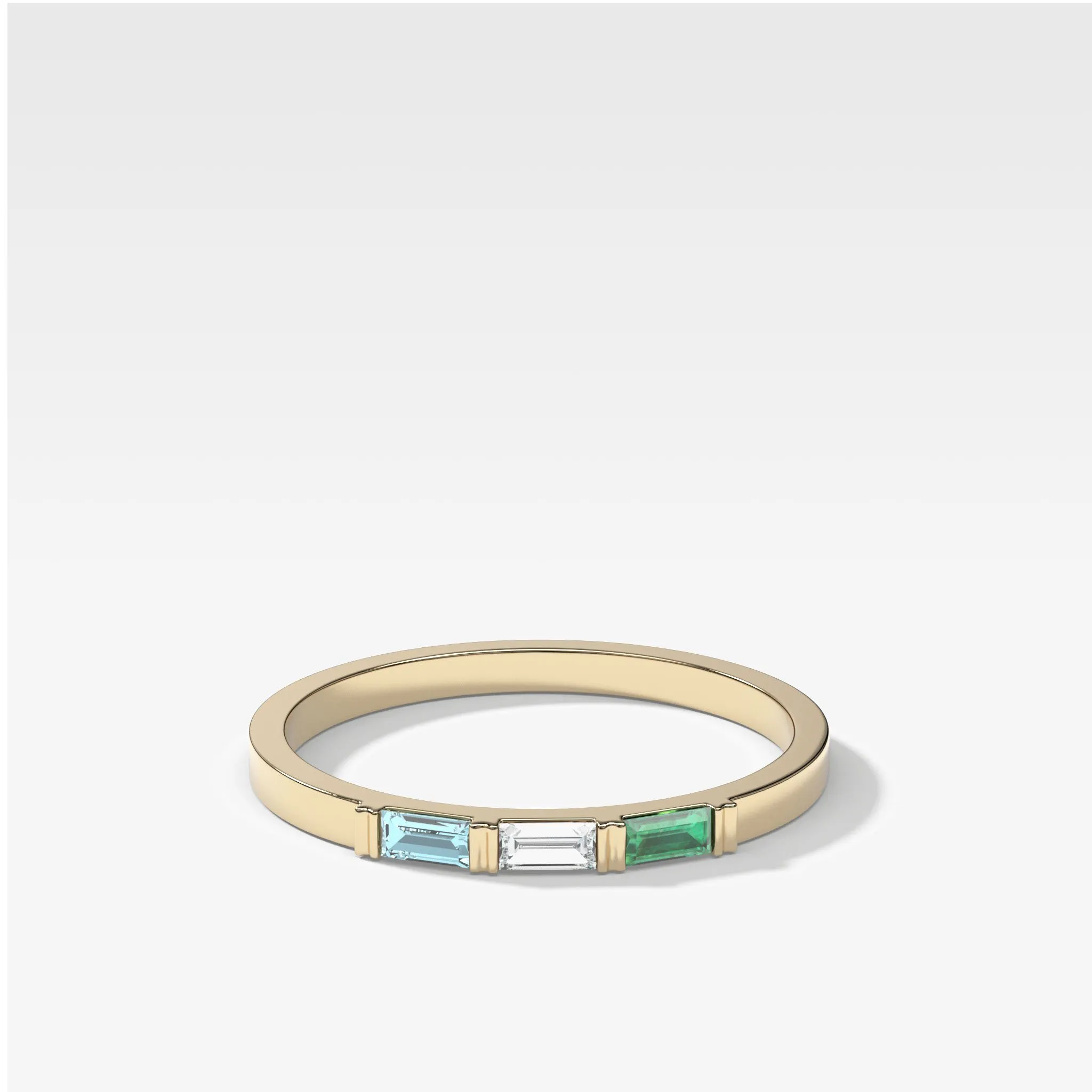 Three Stone Baguette Wedding Band with Green Emerald and Aquamarine Gemstones
