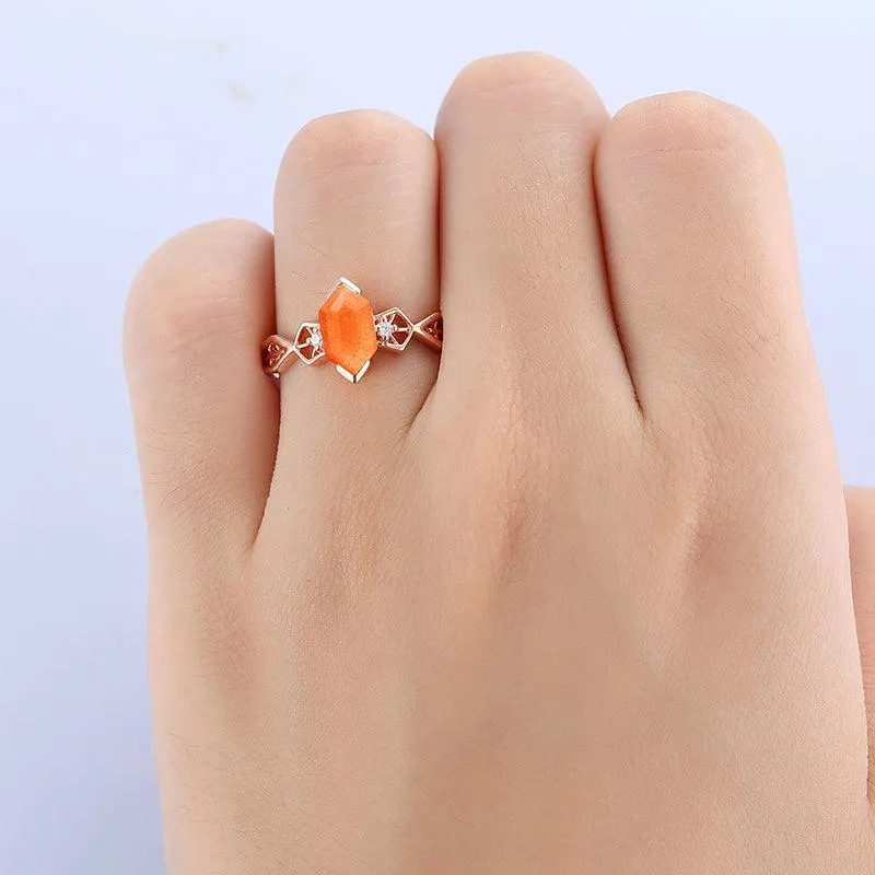 Unique 1.1 CT Natural Sunstone Diamond Half Eternity In Sterling Sliver Bridal Promise Ring