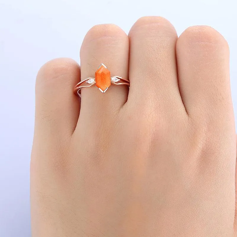 Unique 1.1 CT Natural Sunstone Engagement Ring Rose Gold Marquise Moissanite Diamond