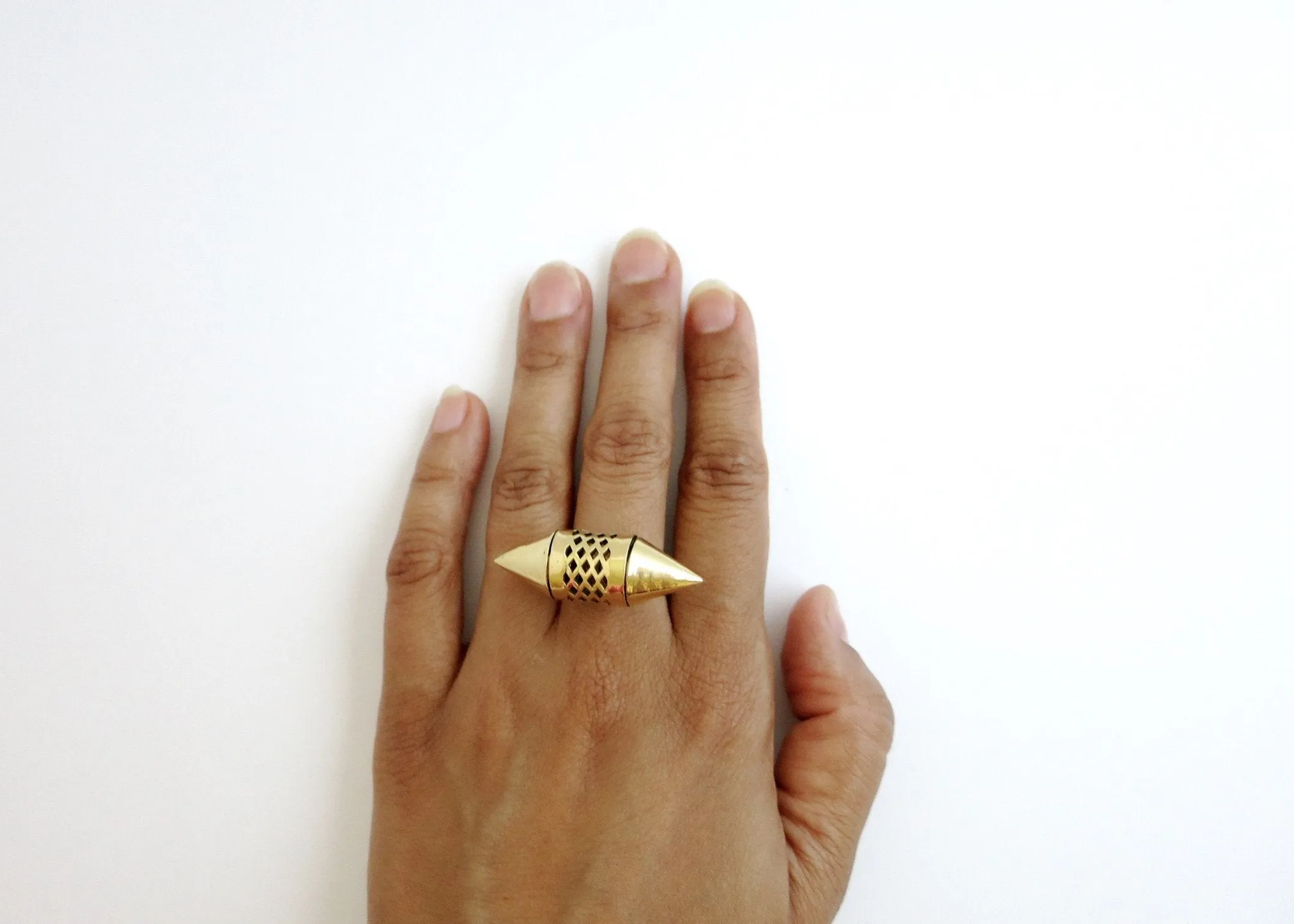Unique, gold-plated brass tubular amuletic ring with a sterling silver shank