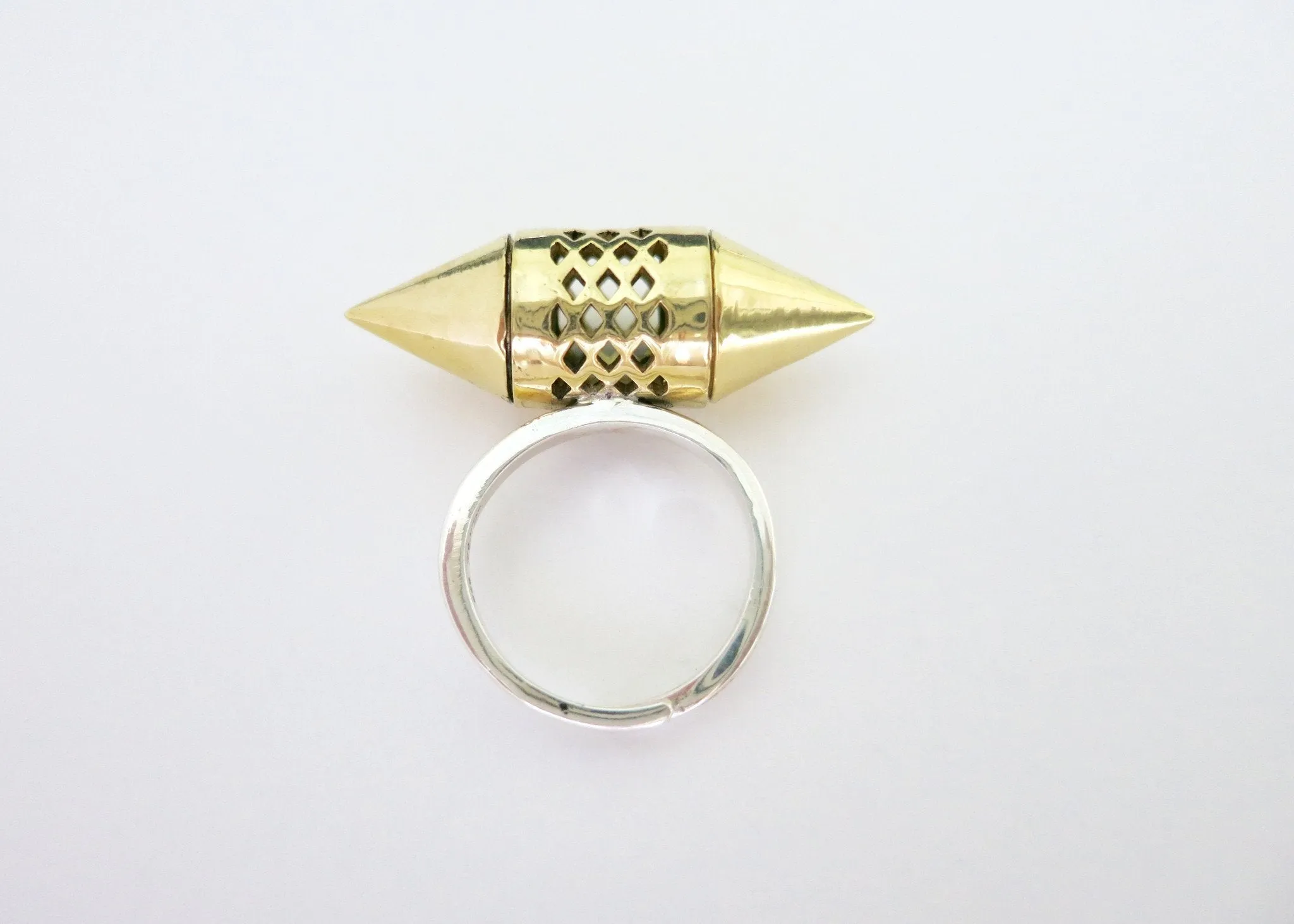Unique, gold-plated brass tubular amuletic ring with a sterling silver shank