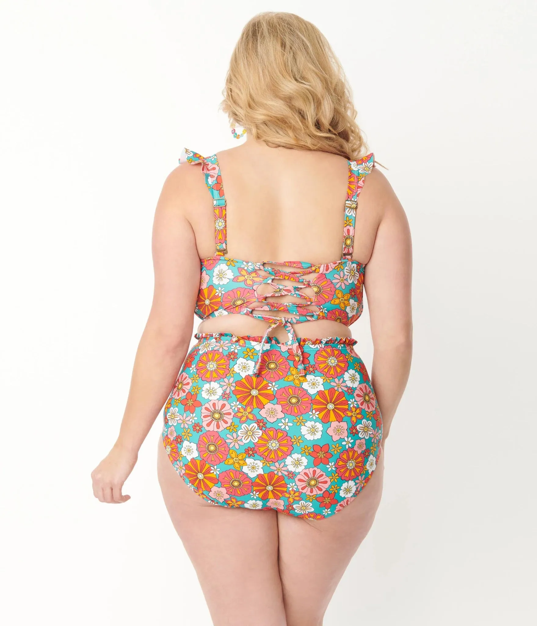 Unique Vintage Cape May Retro Floral Swim Bottom Turquoise/Orange