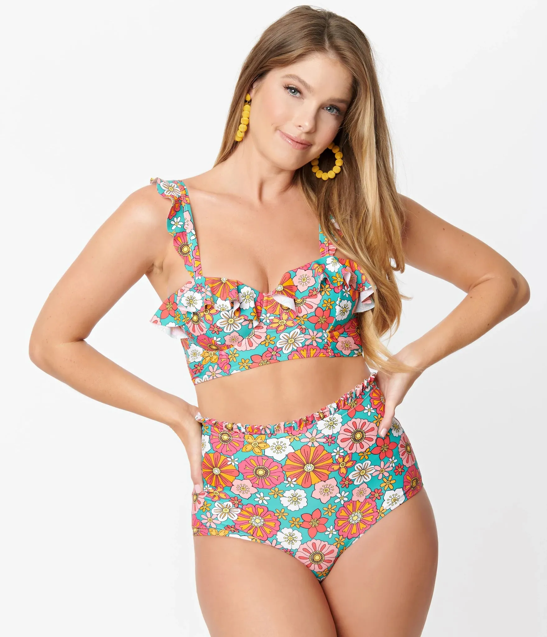 Unique Vintage Cape May Retro Floral Swim Bottom Turquoise/Orange
