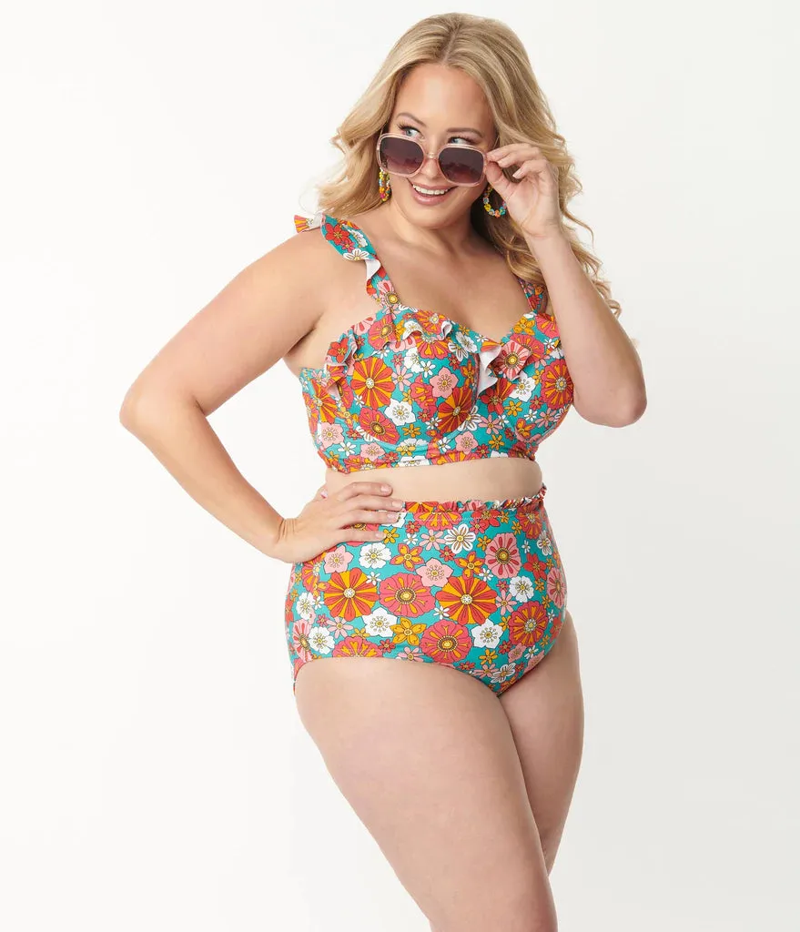 Unique Vintage Cape May Retro Floral Swim Bottom Turquoise/Orange