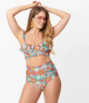 Unique Vintage Cape May Retro Floral Swim Bottom Turquoise/Orange