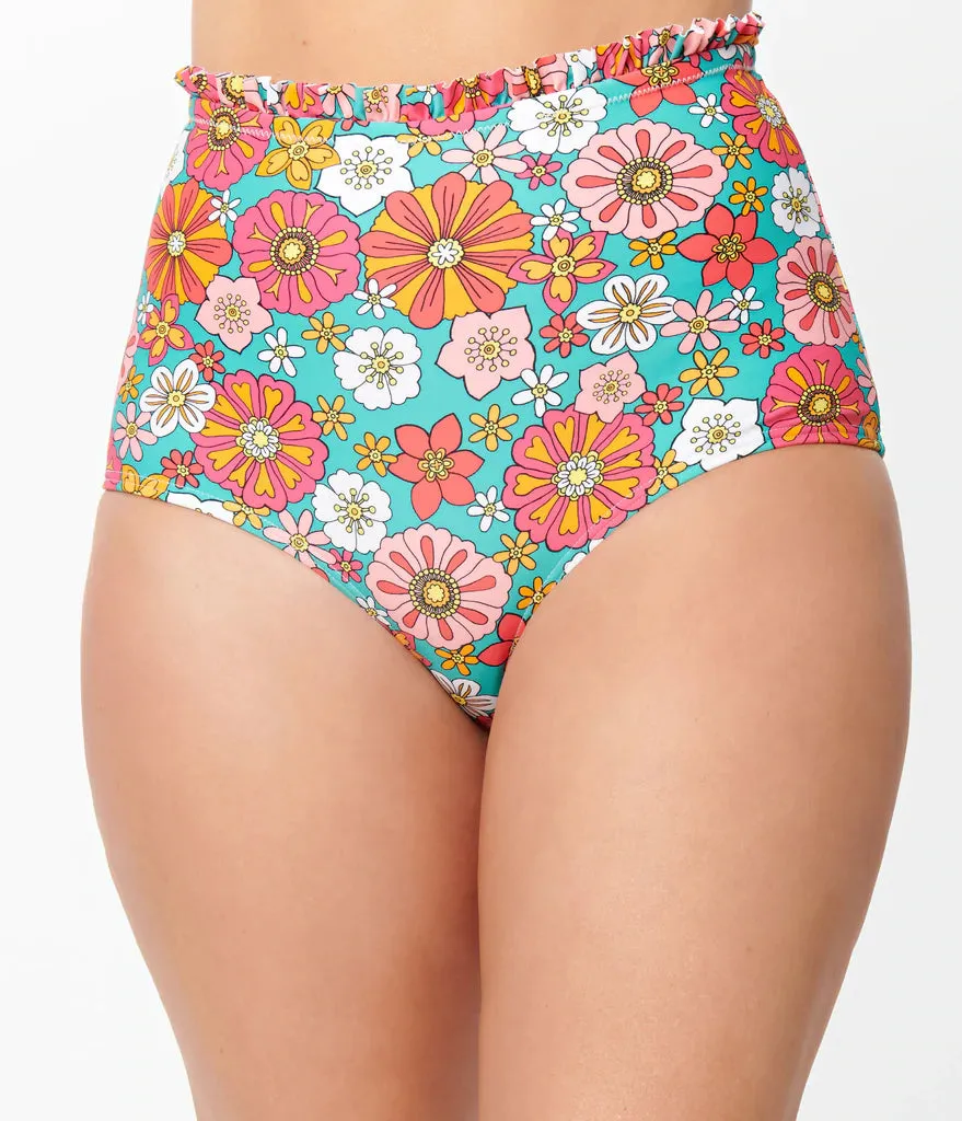 Unique Vintage Cape May Retro Floral Swim Bottom Turquoise/Orange
