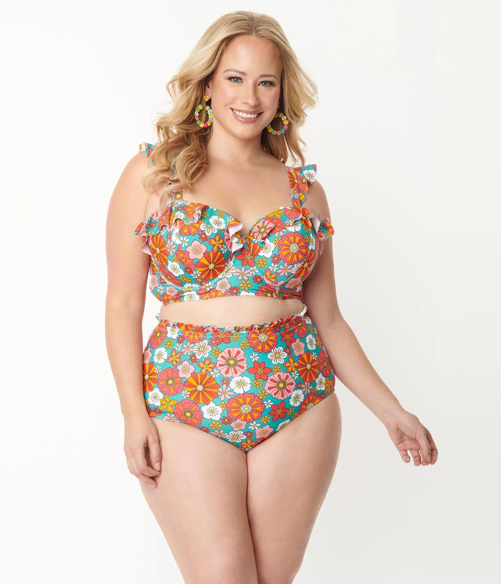 Unique Vintage Cape May Retro Floral Swim Bottom Turquoise/Orange