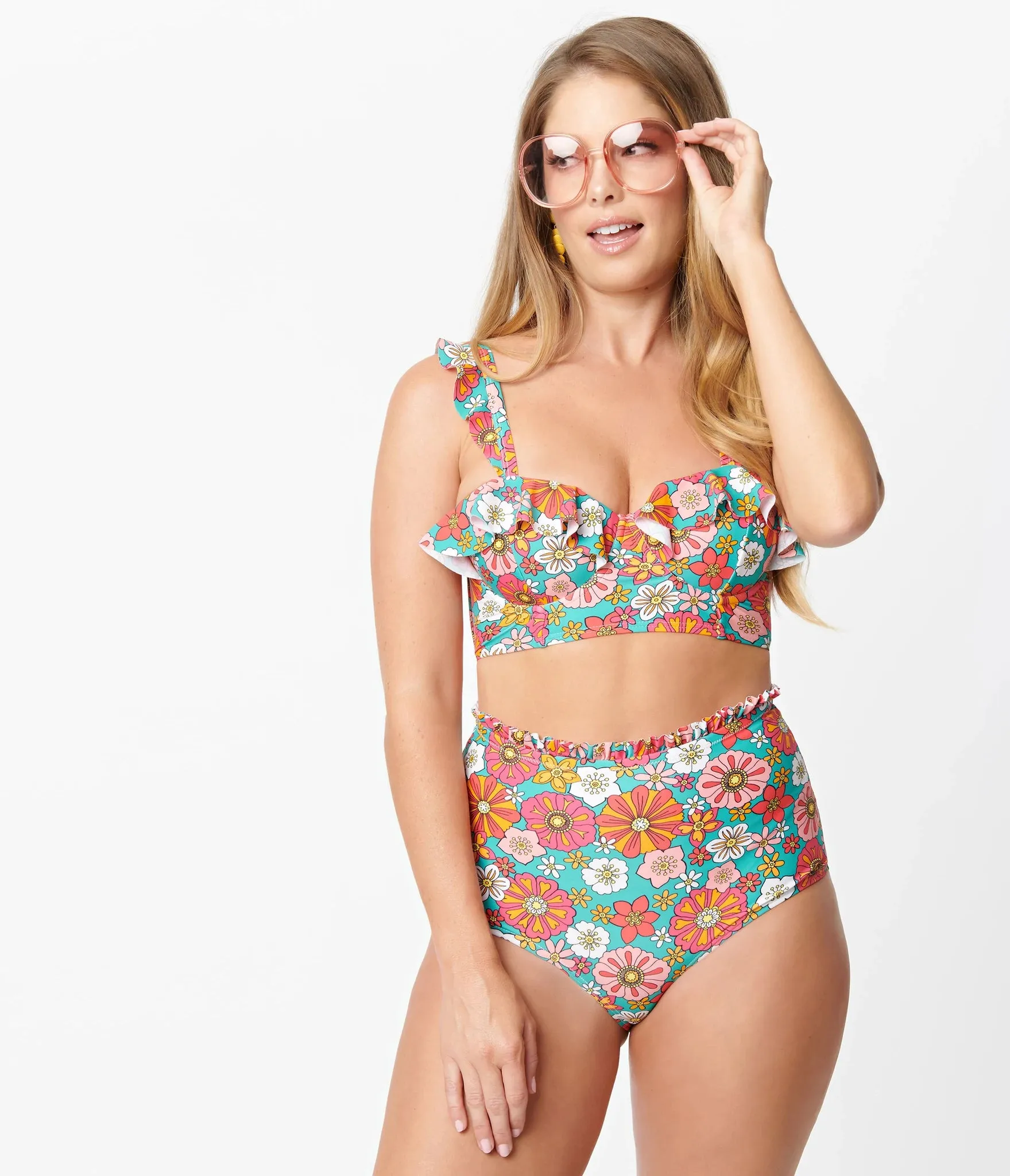 Unique Vintage Cape May Retro Floral Swim Bottom Turquoise/Orange