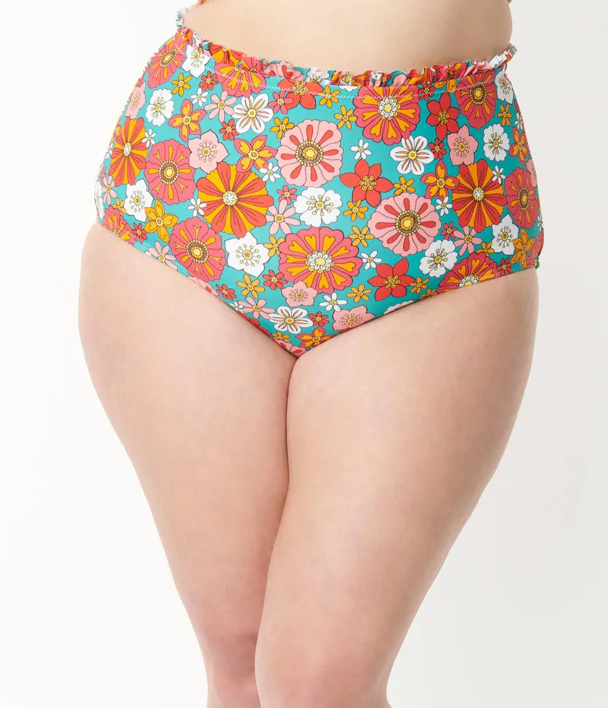 Unique Vintage Cape May Retro Floral Swim Bottom Turquoise/Orange