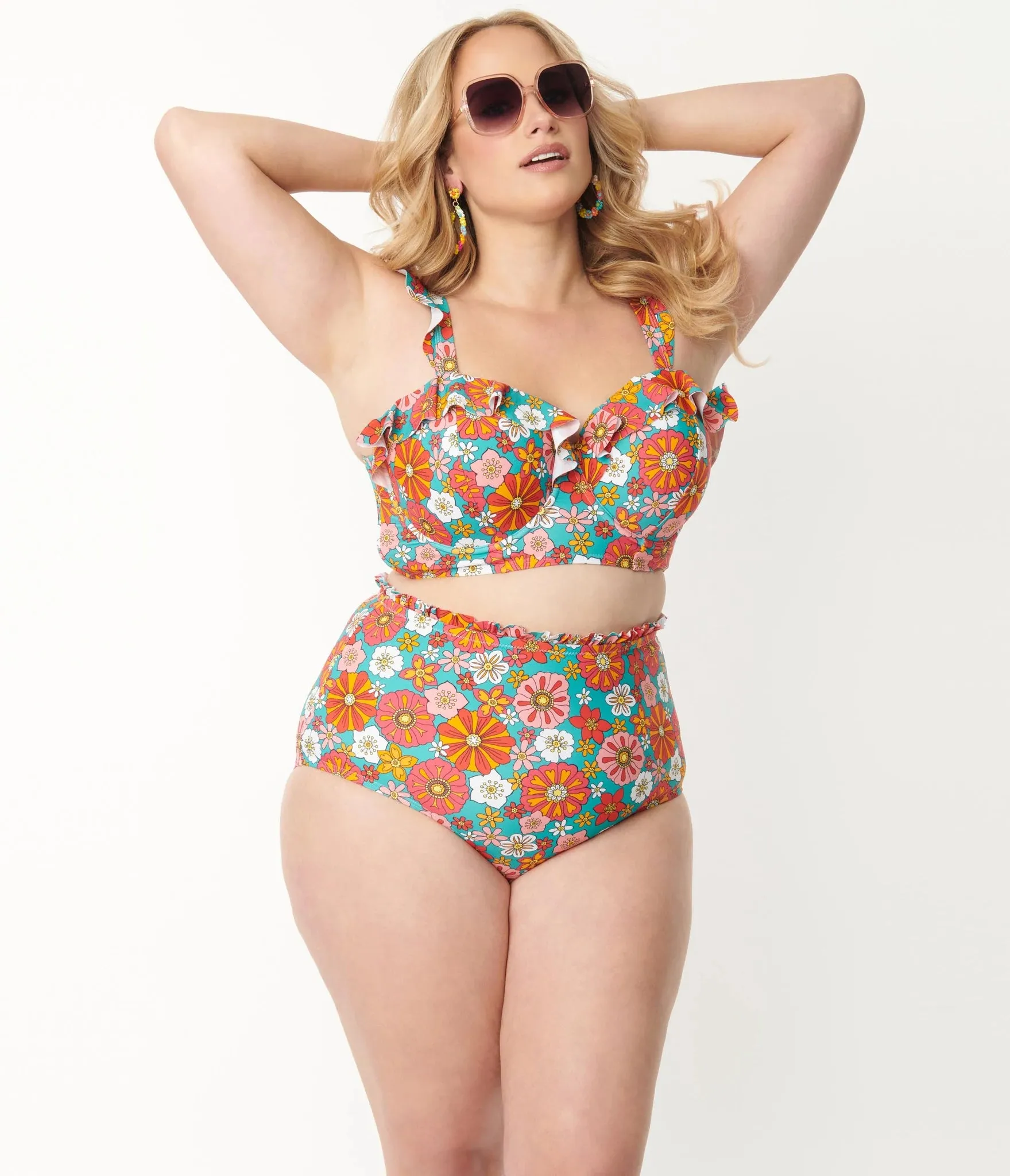Unique Vintage Cape May Retro Floral Swim Bottom Turquoise/Orange
