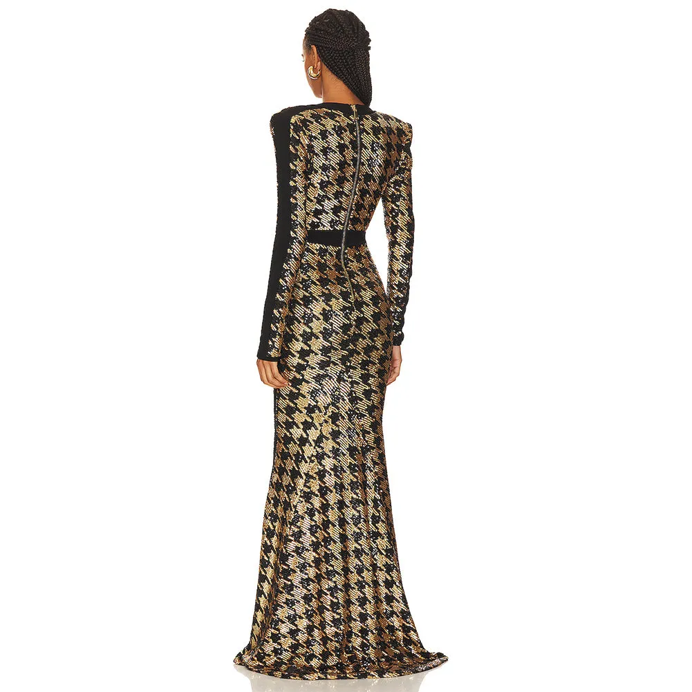 V Neck Long Sleeve Sequins Maxi Dress KLYB016