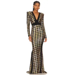 V Neck Long Sleeve Sequins Maxi Dress KLYB016