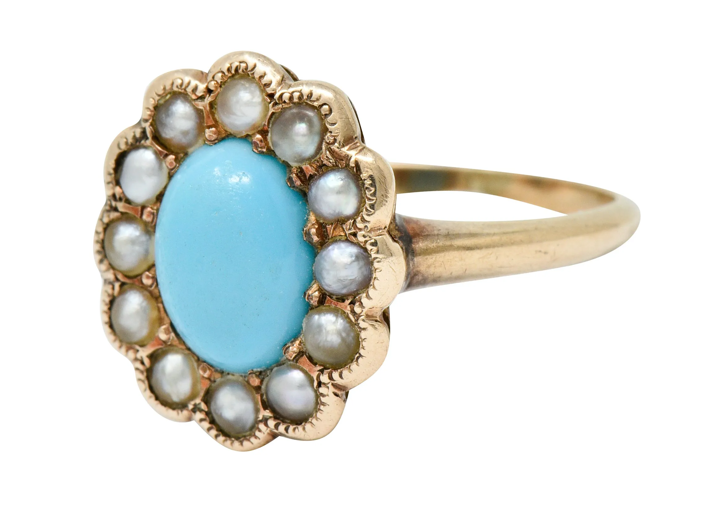 Victorian Turquoise Pearl 14 Karat Rose Gold Cluster Ring