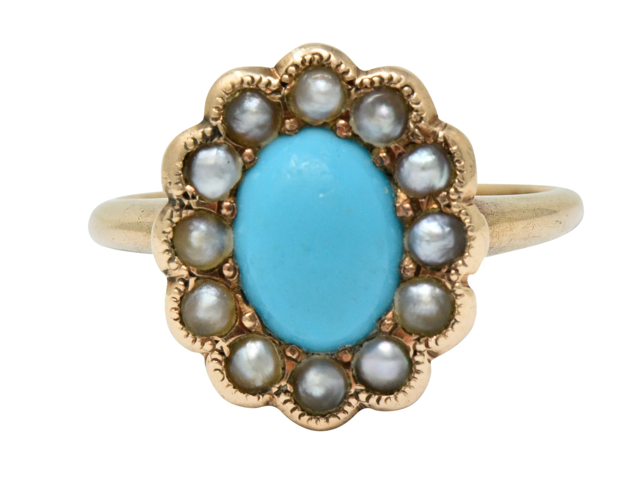 Victorian Turquoise Pearl 14 Karat Rose Gold Cluster Ring