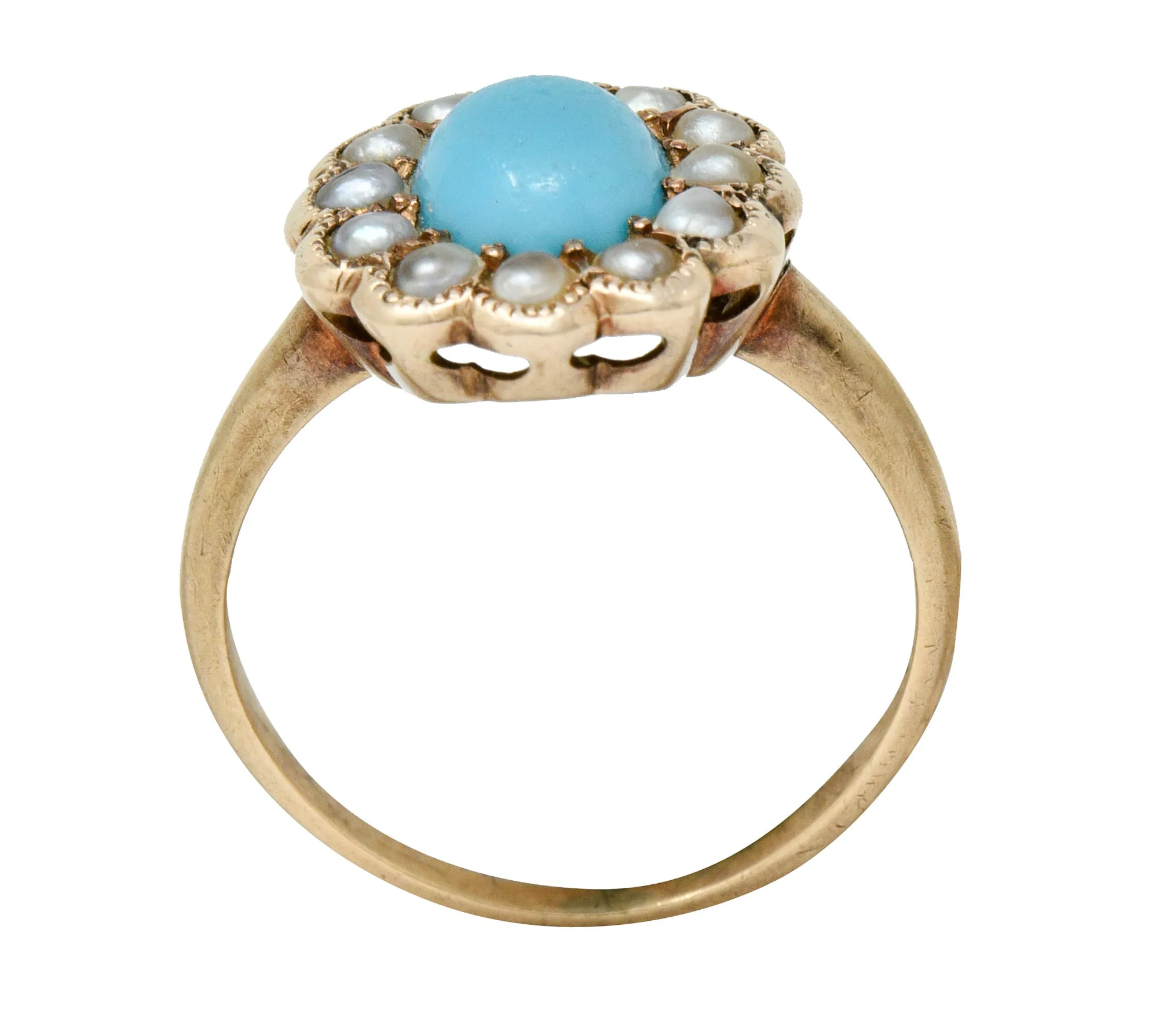 Victorian Turquoise Pearl 14 Karat Rose Gold Cluster Ring