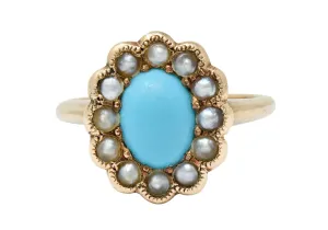 Victorian Turquoise Pearl 14 Karat Rose Gold Cluster Ring