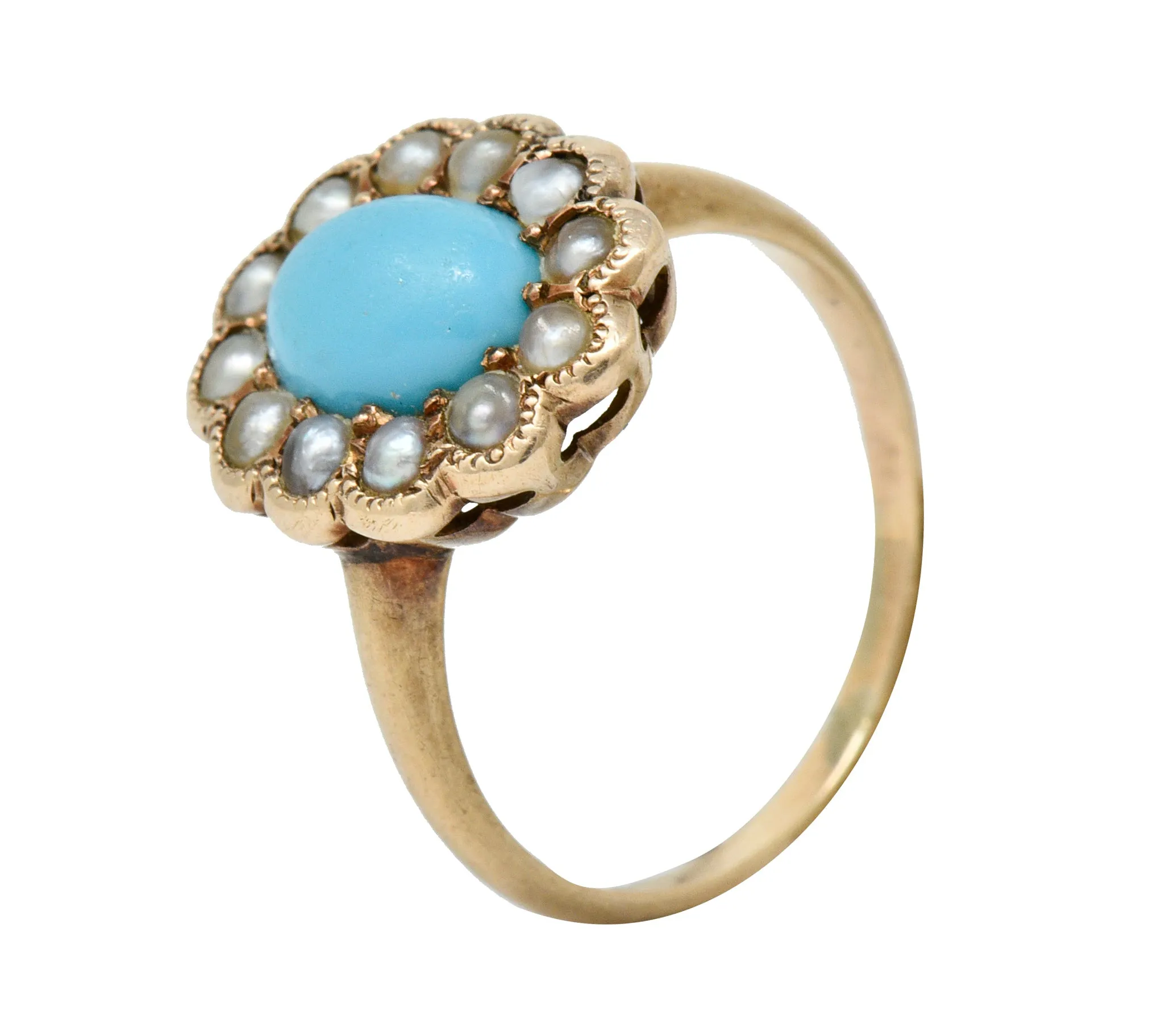 Victorian Turquoise Pearl 14 Karat Rose Gold Cluster Ring