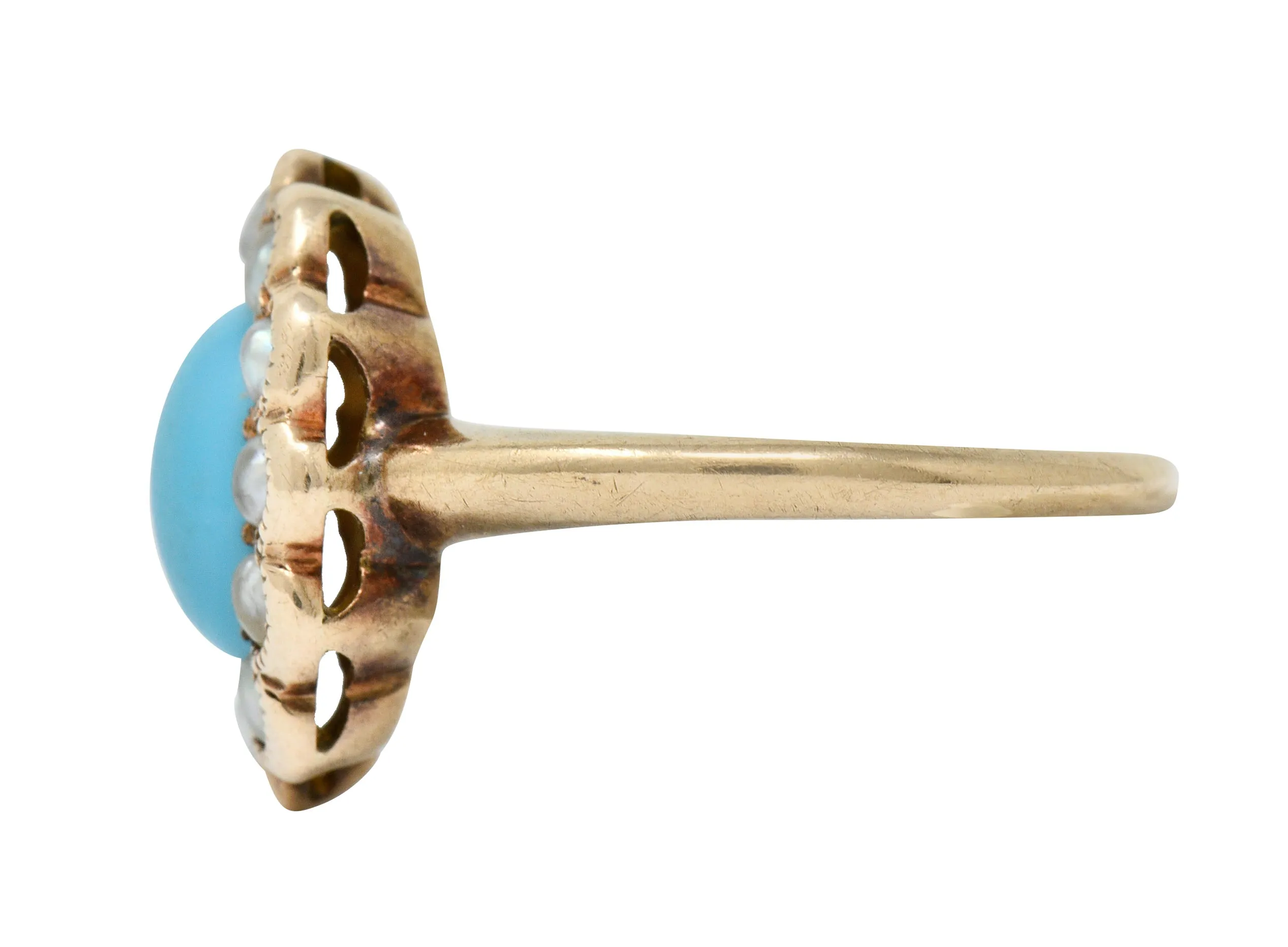 Victorian Turquoise Pearl 14 Karat Rose Gold Cluster Ring
