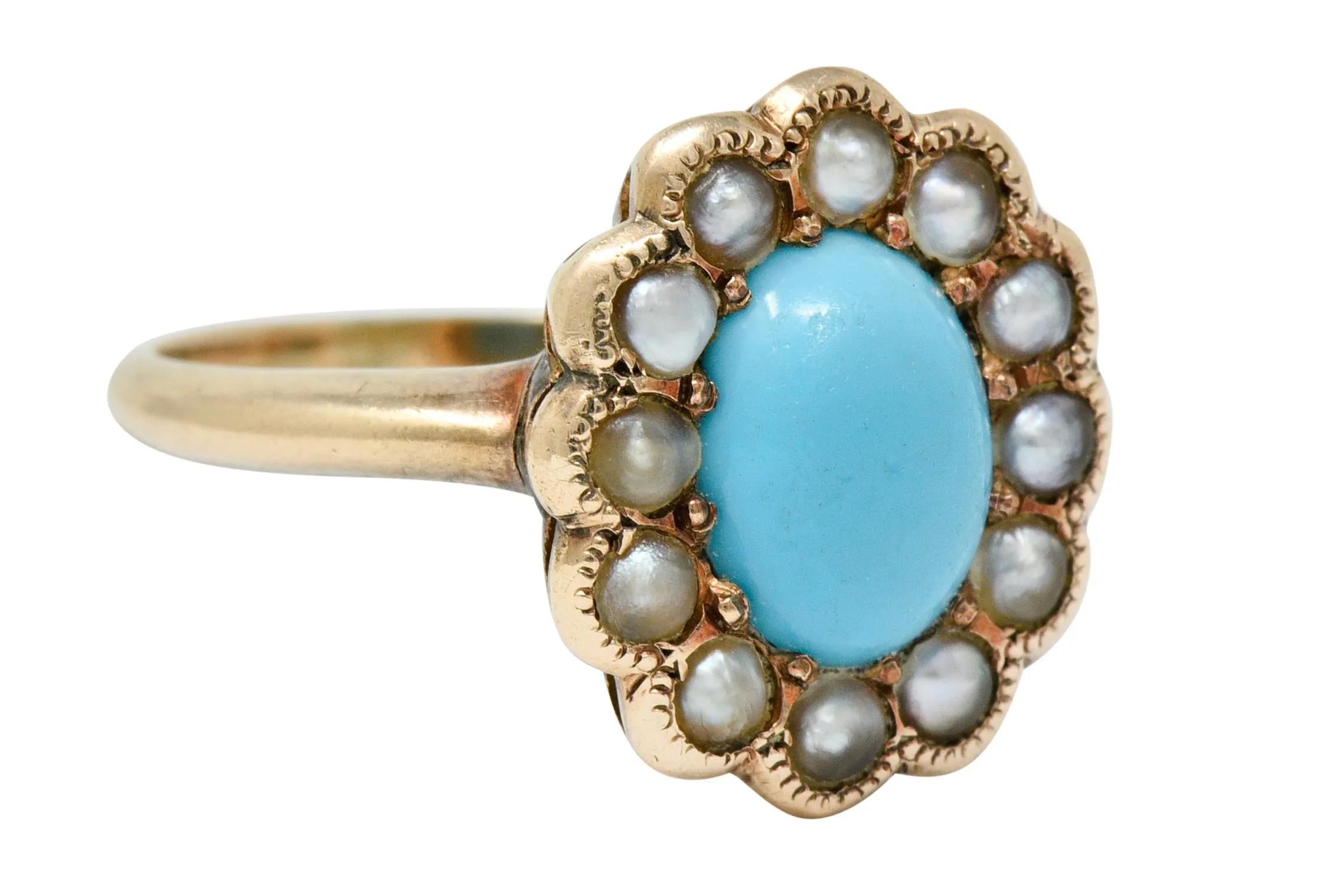 Victorian Turquoise Pearl 14 Karat Rose Gold Cluster Ring