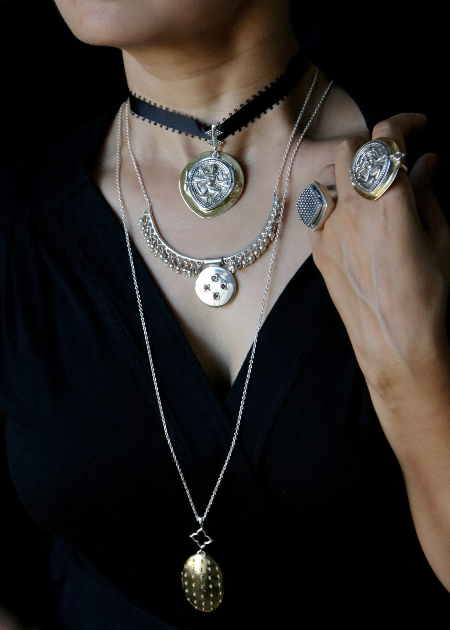 Vintage inspired, unique locket necklace in sterling silver and garnet