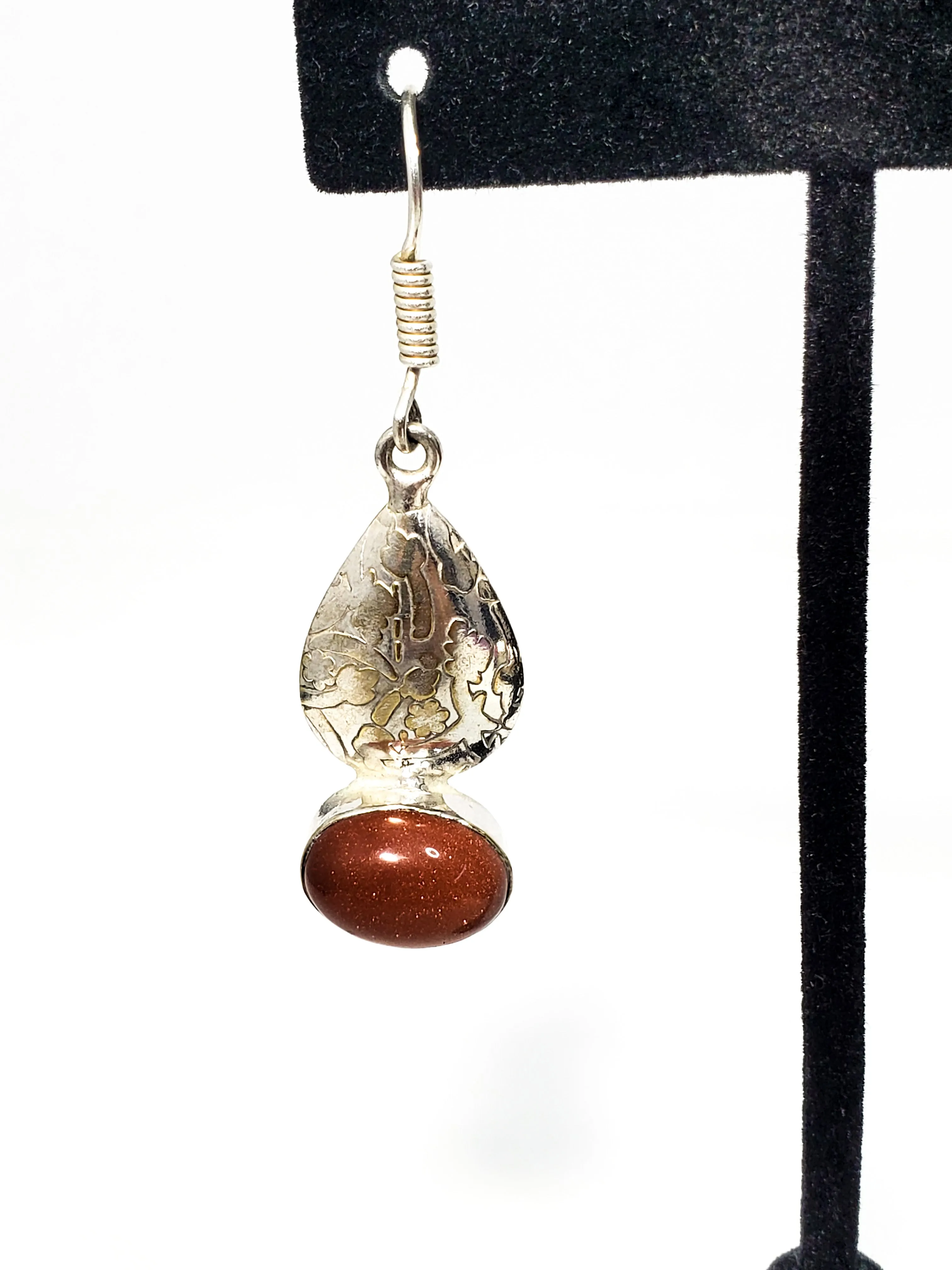 Vintage Sparkling Goldstone sterling silver stamped drop earrings 925