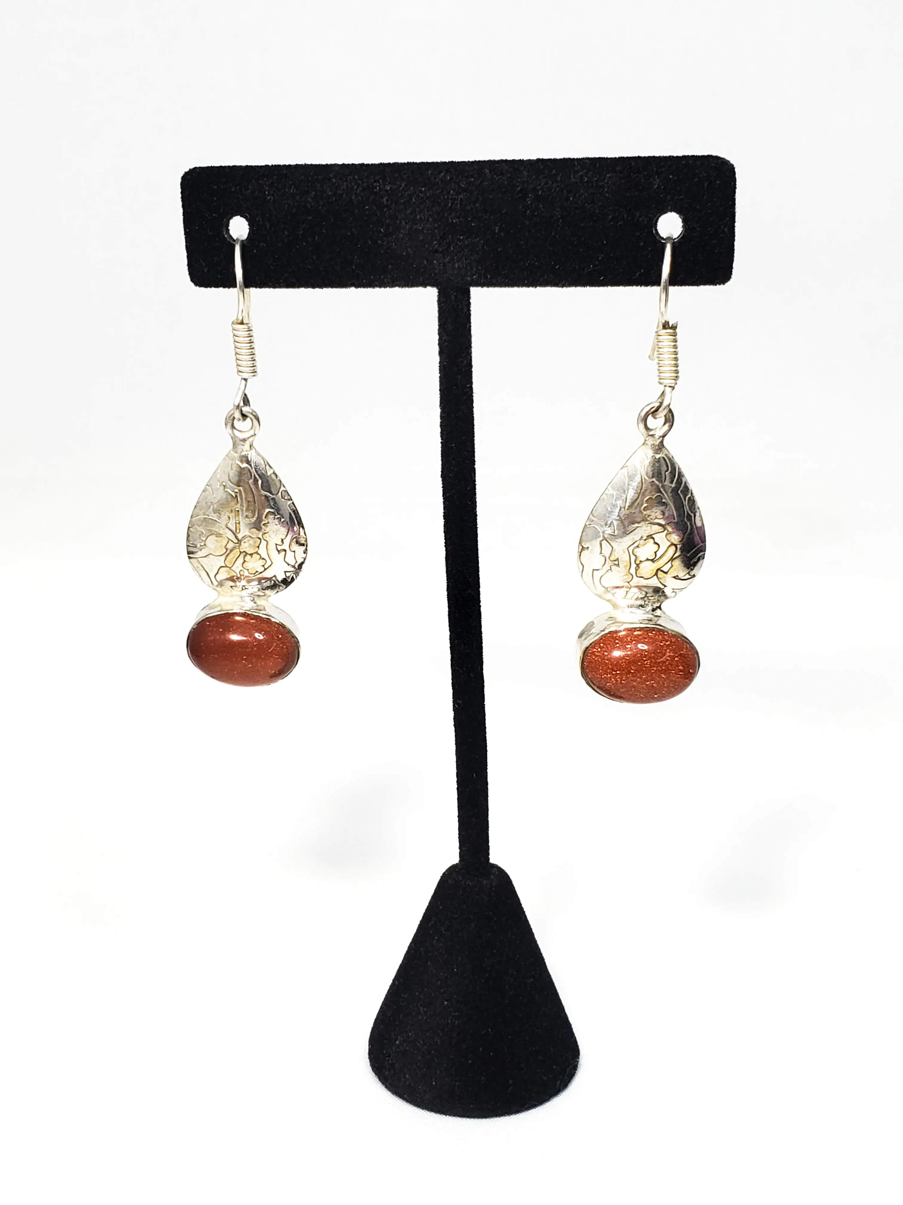Vintage Sparkling Goldstone sterling silver stamped drop earrings 925