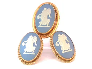 Wedgwood Jasper Wear Blue Oval Earrings & Pendant Brooch Set in 14K Yellow Gold