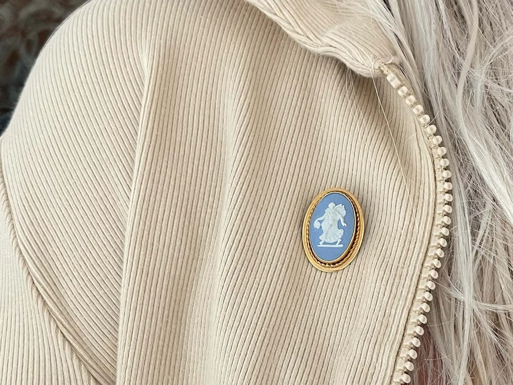 Wedgwood Jasper Wear Blue Oval Earrings & Pendant Brooch Set in 14K Yellow Gold