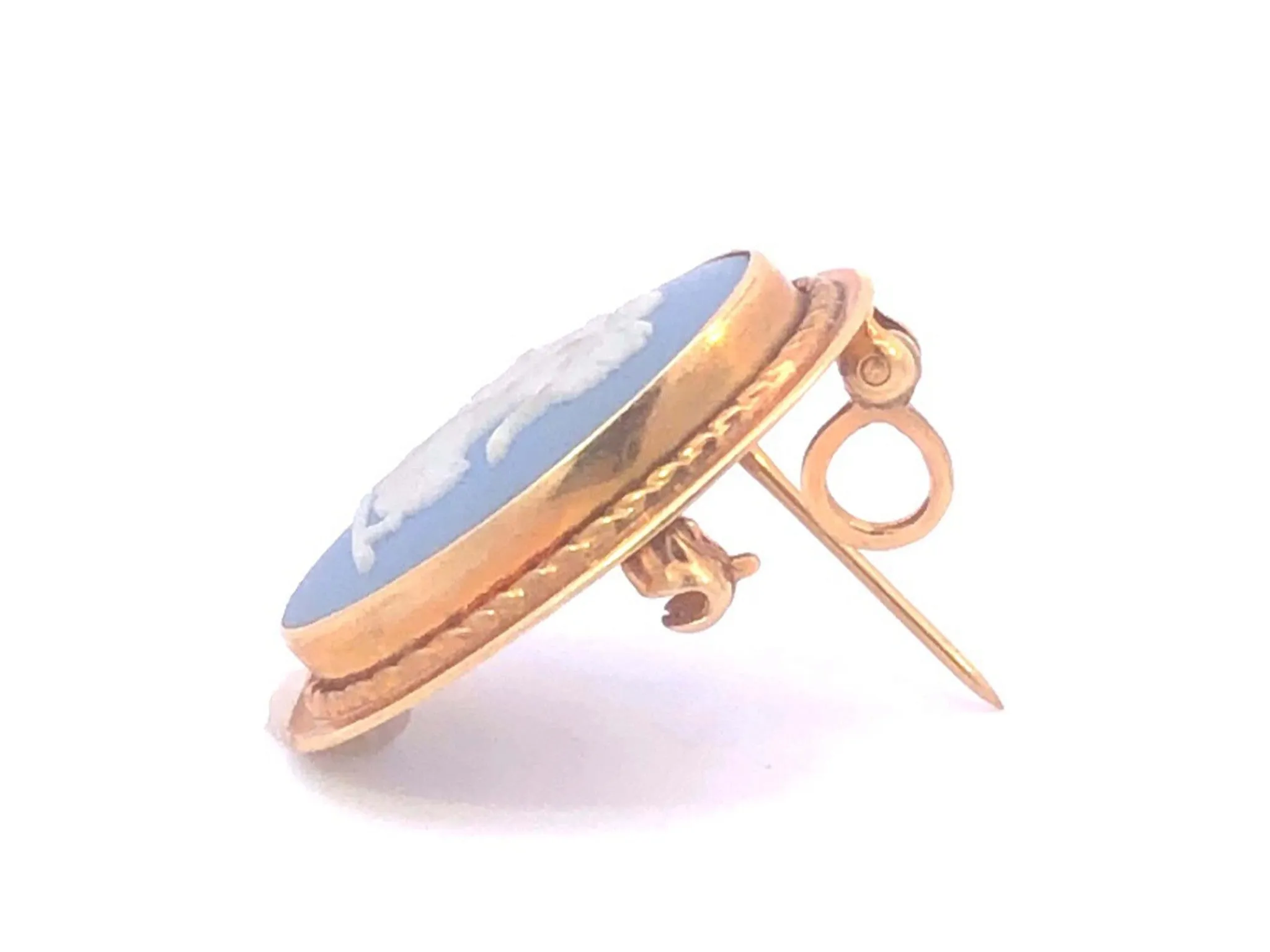 Wedgwood Jasper Wear Blue Oval Earrings & Pendant Brooch Set in 14K Yellow Gold