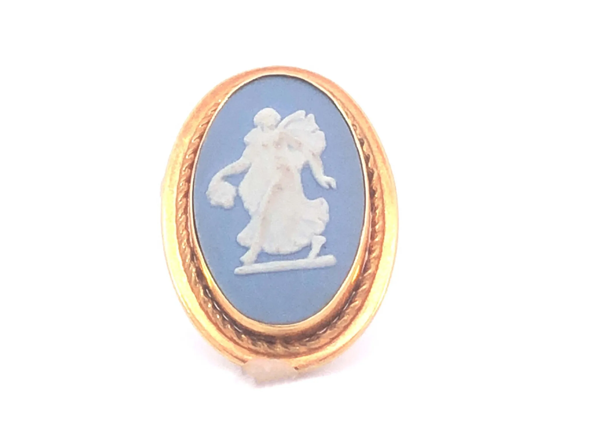 Wedgwood Jasper Wear Blue Oval Earrings & Pendant Brooch Set in 14K Yellow Gold