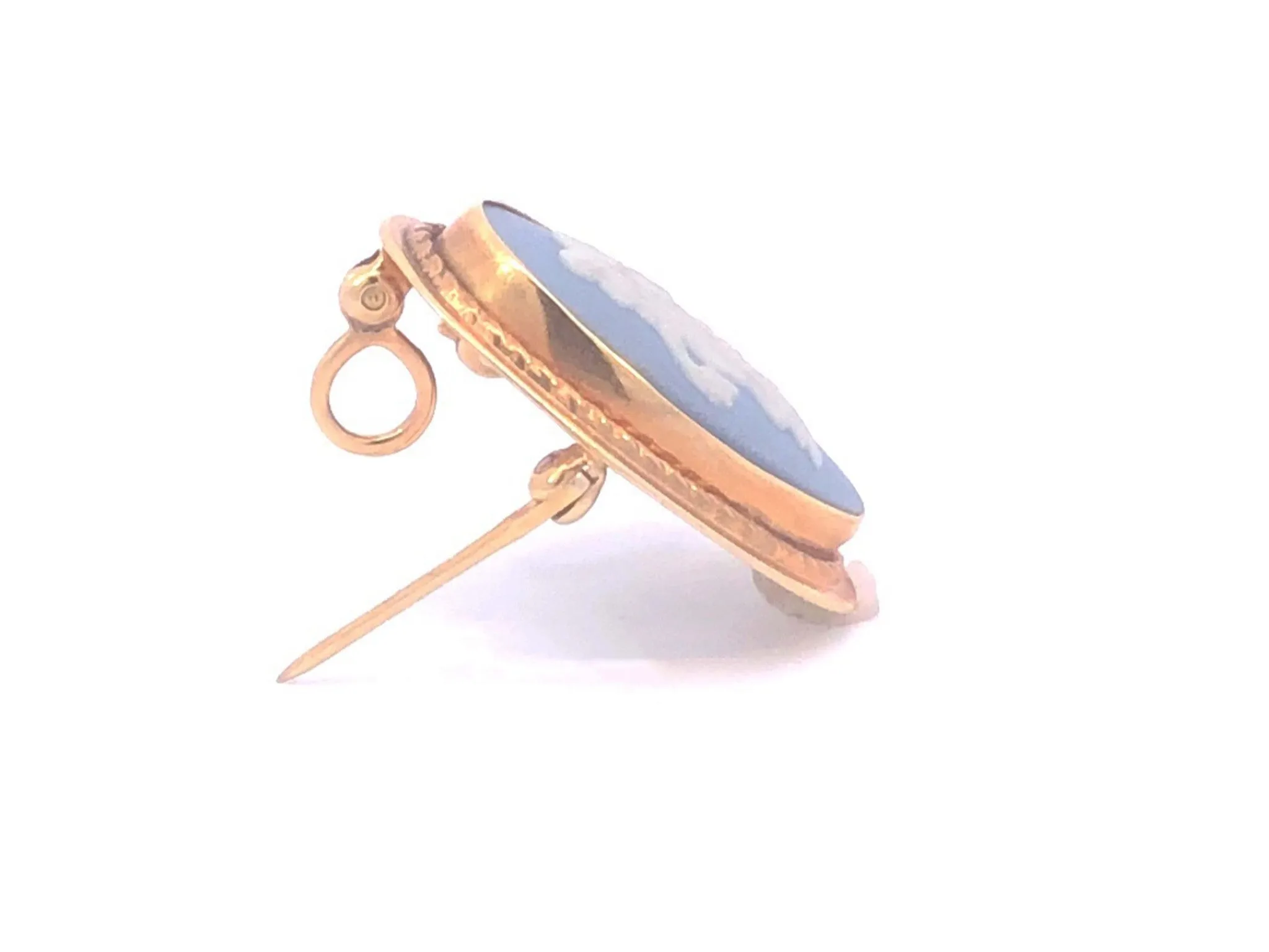 Wedgwood Jasper Wear Blue Oval Earrings & Pendant Brooch Set in 14K Yellow Gold