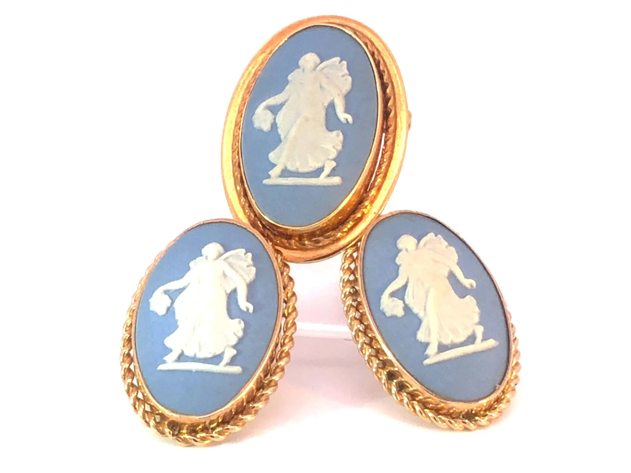 Wedgwood Jasper Wear Blue Oval Earrings & Pendant Brooch Set in 14K Yellow Gold