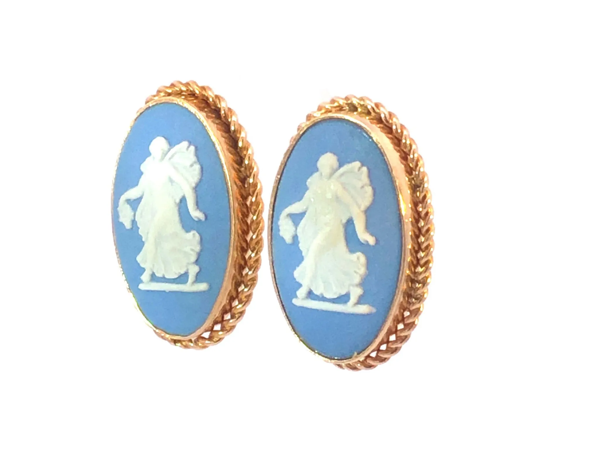 Wedgwood Jasper Wear Blue Oval Earrings & Pendant Brooch Set in 14K Yellow Gold