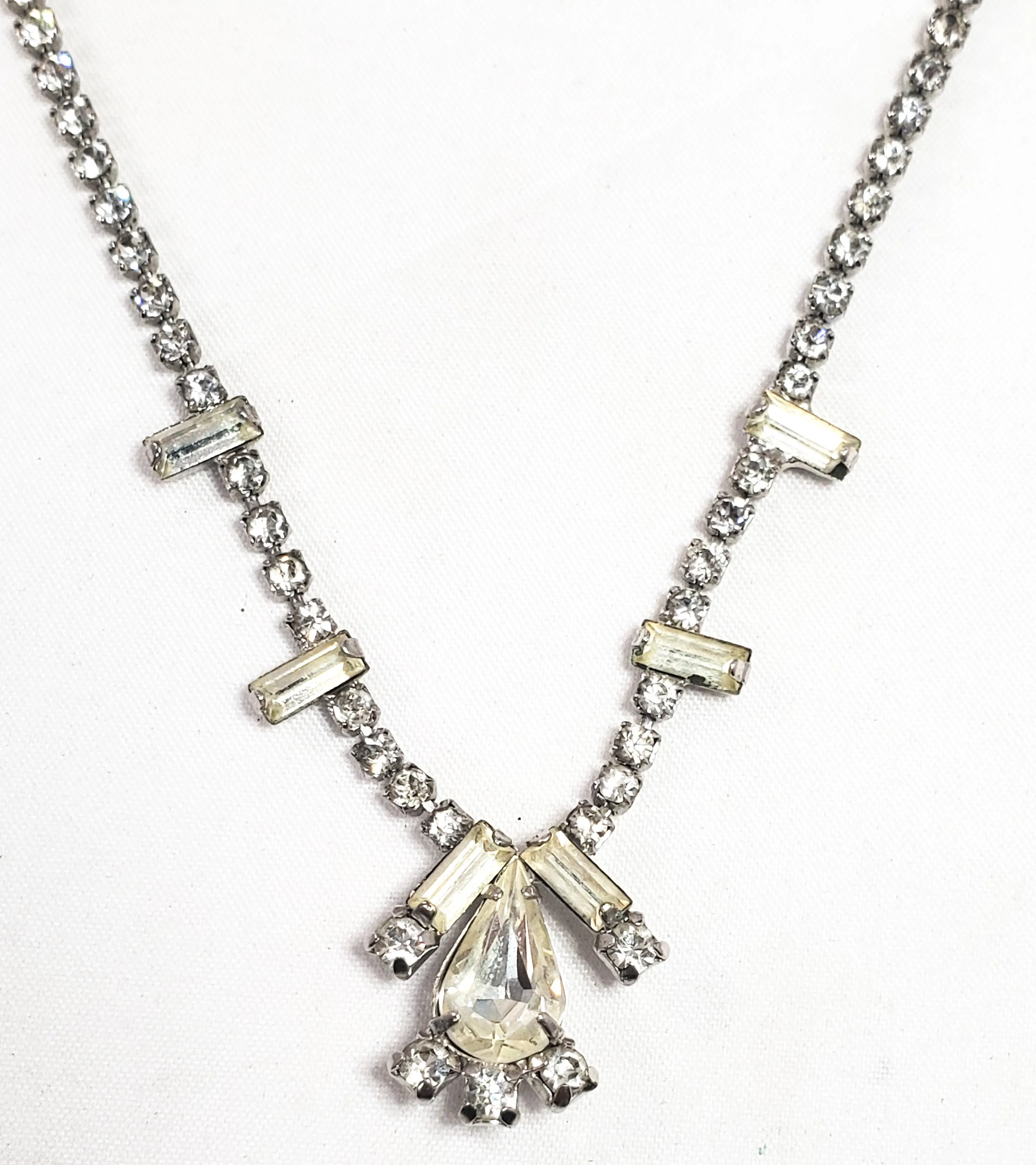 Weiss teardrop and baguette clear sparkling rhinestone necklace mid century 1950's