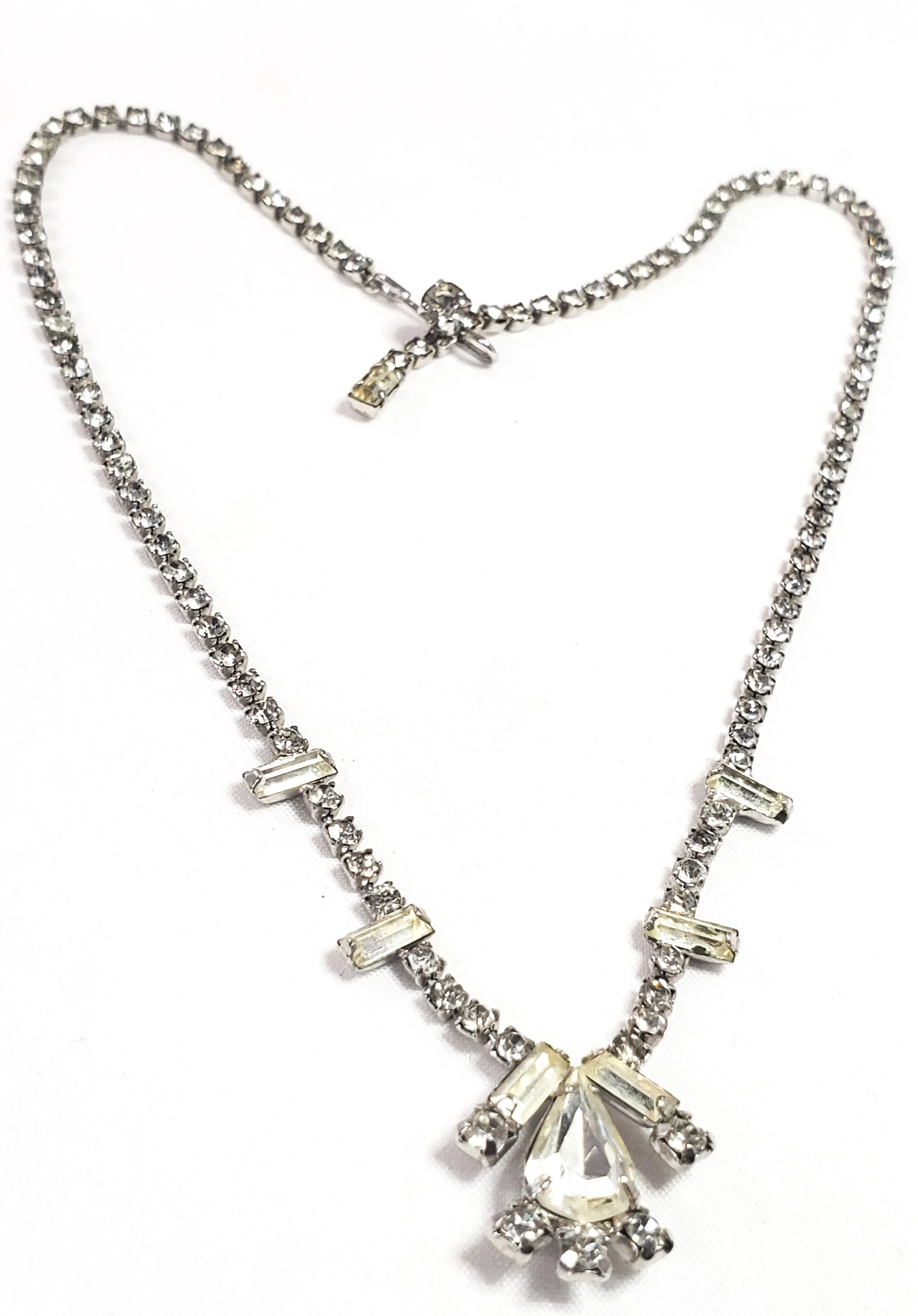 Weiss teardrop and baguette clear sparkling rhinestone necklace mid century 1950's