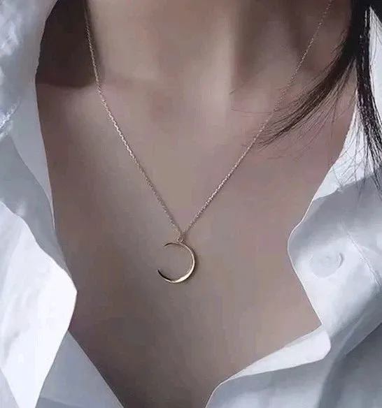 Women Girl 925 Sterling Silver Delicate Gold Moon Pendant Chain Necklace 17"