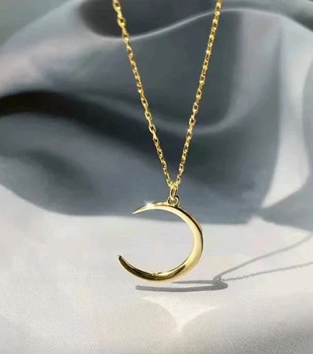 Women Girl 925 Sterling Silver Delicate Gold Moon Pendant Chain Necklace 17"
