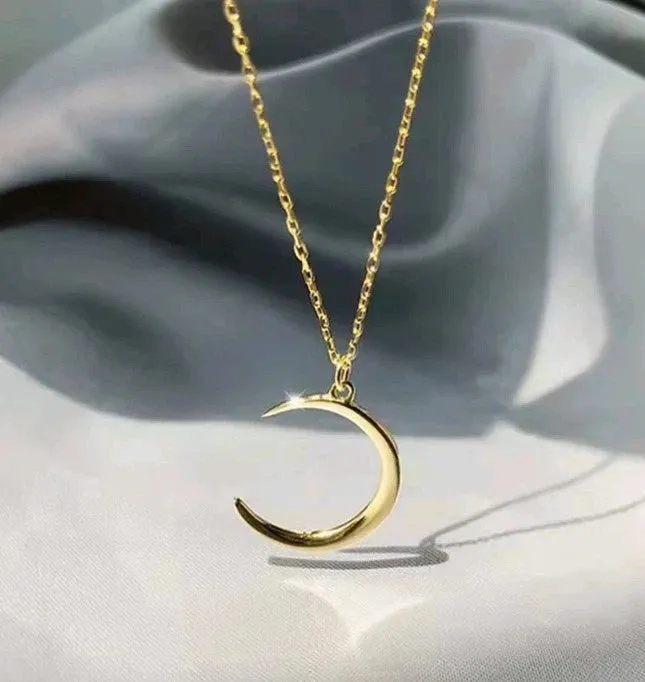 Women Girl 925 Sterling Silver Delicate Gold Moon Pendant Chain Necklace 17"