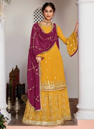 Yellow and Purple Heavy Embroidered Sharara Suit