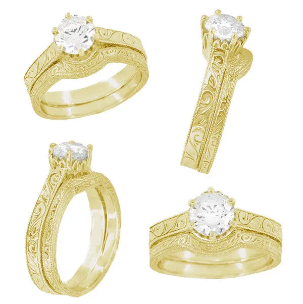 Yellow Gold Vintage Style Art Deco Filigree 1.75 - 2.25 Carat Crown Engagement Ring Setting for Round Stone