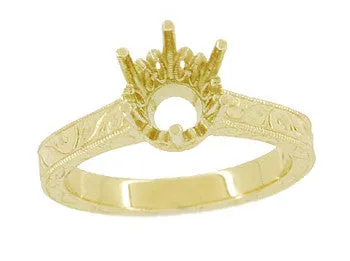 Yellow Gold Vintage Style Art Deco Filigree 1.75 - 2.25 Carat Crown Engagement Ring Setting for Round Stone