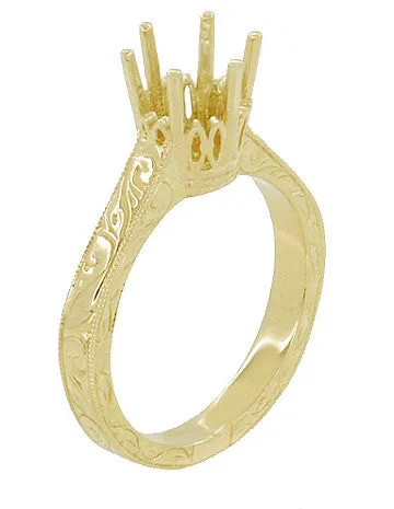 Yellow Gold Vintage Style Art Deco Filigree 1.75 - 2.25 Carat Crown Engagement Ring Setting for Round Stone