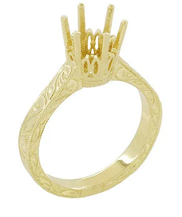 Yellow Gold Vintage Style Art Deco Filigree 1.75 - 2.25 Carat Crown Engagement Ring Setting for Round Stone