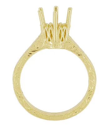 Yellow Gold Vintage Style Art Deco Filigree 1.75 - 2.25 Carat Crown Engagement Ring Setting for Round Stone